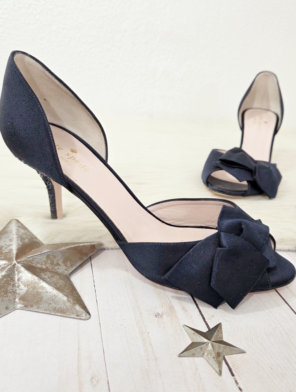 Kate Spade Sala d'orsay pumps navy blue satin glitter bow women's Size 8.5 - Picture 2 of 8